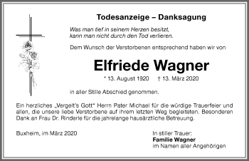 Traueranzeige von Elfriede Wagner von Memminger Zeitung