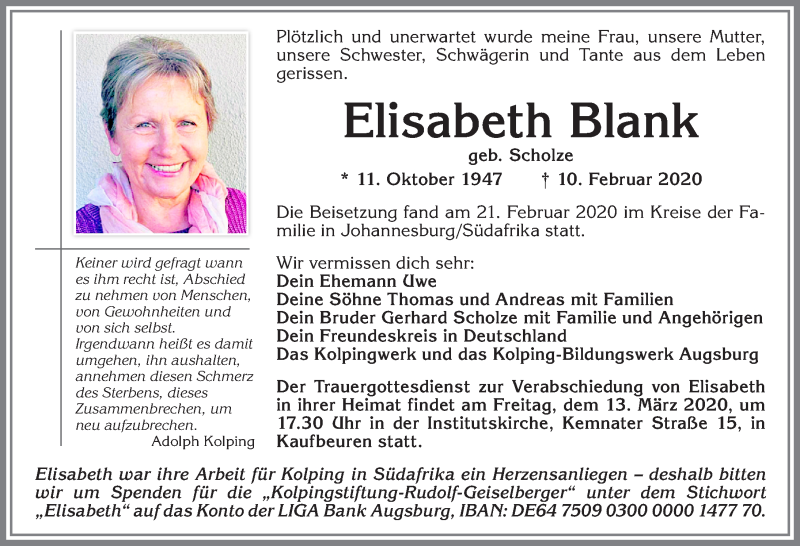  Traueranzeige für Elisabeth Blank vom 07.03.2020 aus Allgäuer Zeitung, Kaufbeuren/Buchloe