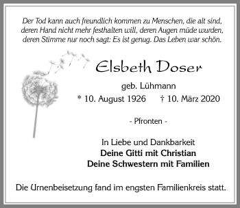 Traueranzeige von Elsbeth Doser von Allgäuer Zeitung, Füssen