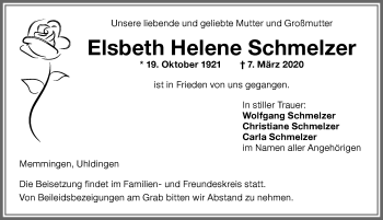 Traueranzeige von Elsbeth Helene Schmelzer von Memminger Zeitung