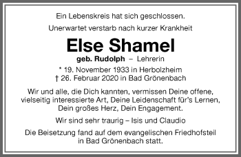 Traueranzeige von Else Shamel von Memminger Zeitung