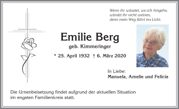 Traueranzeige von Emilie Berg von Allgäuer Anzeigeblatt