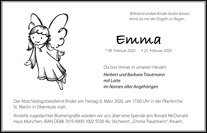  Traueranzeige für Emma Trautmann vom 03.03.2020 aus Der Westallgäuer
