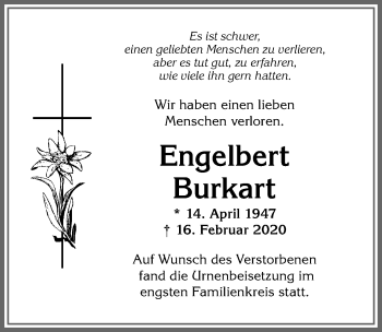 Traueranzeige von Engelbert Burkart von Allgäuer Anzeigeblatt