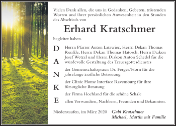 Traueranzeige von Erhard Kratschmer von Der Westallgäuer