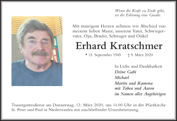 Traueranzeige von Erhard Kratschmer von Der Westallgäuer