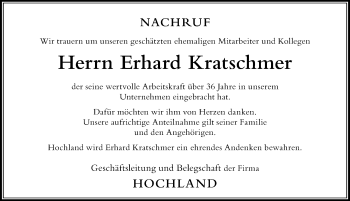 Traueranzeige von Erhard Kratschmer von Der Westallgäuer