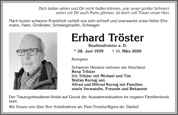 Traueranzeige von Erhard Tröster von Allgäuer Zeitung,Kempten