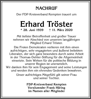 Traueranzeige von Erhard Tröster von Allgäuer Zeitung,Kempten