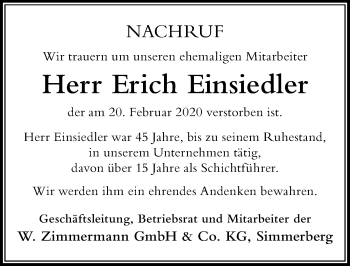 Traueranzeige von Erich Einsiedler von Der Westallgäuer