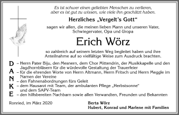 Traueranzeige von Erich Wörz von Allgäuer Zeitung, Marktoberdorf
