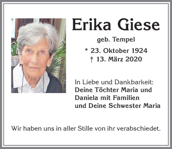 Traueranzeige von Erika Giese von Allgäuer Zeitung,Kempten