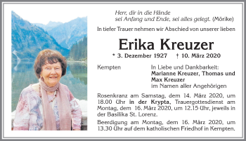 Traueranzeige von Erika Kreuzer von Allgäuer Zeitung,Kempten