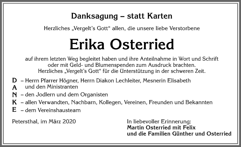  Traueranzeige für Erika Osterried vom 21.03.2020 aus Allgäuer Zeitung,Kempten