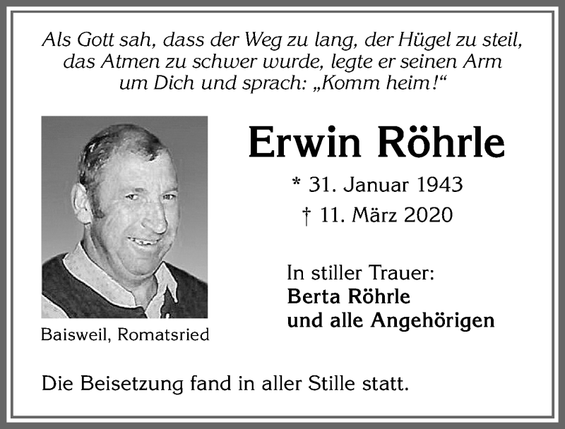  Traueranzeige für Erwin Röhrle vom 28.03.2020 aus Allgäuer Zeitung, Kaufbeuren/Buchloe