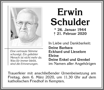 Traueranzeige von Erwin Schulder von Allgäuer Zeitung,Kempten