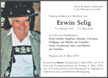 Traueranzeige von Erwin Selig von Der Westallgäuer
