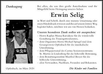 Traueranzeige von Erwin Selig von Der Westallgäuer