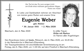 Traueranzeige von Eugenie Weber von Allgäuer Anzeigeblatt