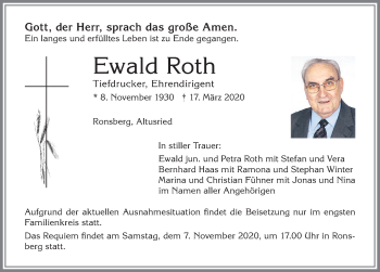 Traueranzeige von Ewald Roth von Allgäuer Zeitung, Marktoberdorf