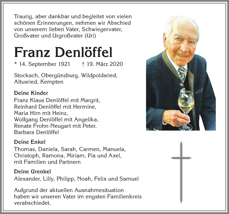 Traueranzeige für Franz Denlöffel vom 25.03.2020 aus Allgäuer Zeitung,Kempten