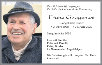 Traueranzeige von Franz Guggemos von Allgäuer Zeitung, Füssen