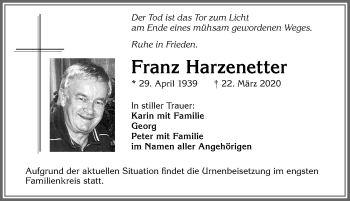 Traueranzeige von Franz Harzenetter von Allgäuer Zeitung, Marktoberdorf