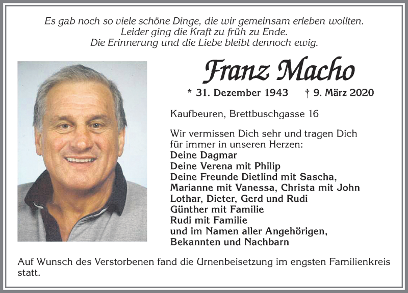 Traueranzeige für Franz Macho vom 20.03.2020 aus Allgäuer Zeitung, Kaufbeuren/Buchloe
