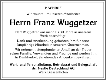 Traueranzeige von Franz Wuggetzer von Allgäuer Zeitung