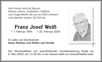 Traueranzeige von Franz Josef Weiß von Allgäuer Zeitung,Kempten
