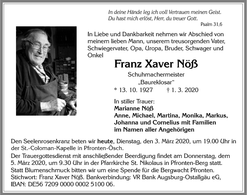  Traueranzeige für Franz Xaver Nöß vom 03.03.2020 aus Allgäuer Zeitung, Füssen