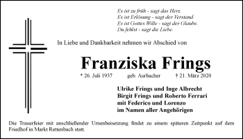Traueranzeige von Franziska Frings von Allgäuer Zeitung