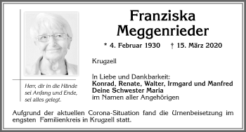 Traueranzeige von Franziska Meggenrieder von Allgäuer Zeitung,Kempten