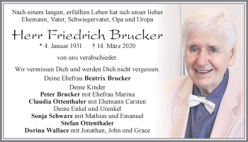 Traueranzeige von Friedrich Brucker von Allgäuer Zeitung, Marktoberdorf