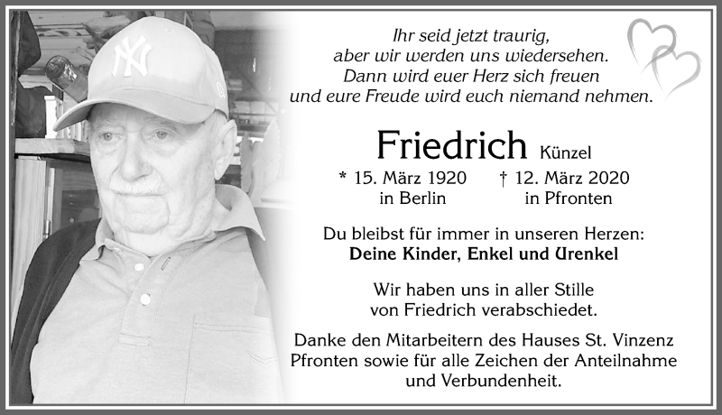  Traueranzeige für Friedrich Künzel vom 21.03.2020 aus Allgäuer Zeitung, Füssen