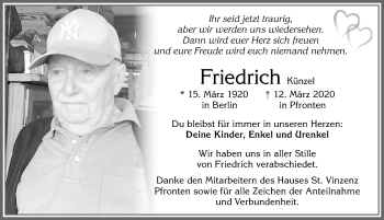 Traueranzeige von Friedrich Künzel von Allgäuer Zeitung, Füssen