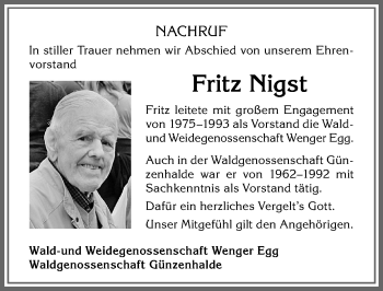 Traueranzeige von Fritz Nigst von Allgäuer Zeitung,Kempten