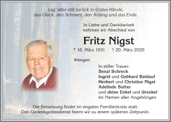 Traueranzeige von Fritz Nigst von Allgäuer Zeitung,Kempten