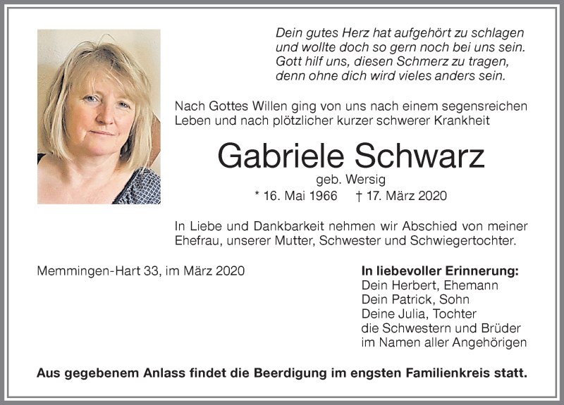 Traueranzeige für Gabriele Schwarz vom 21.03.2020 aus Memminger Zeitung
