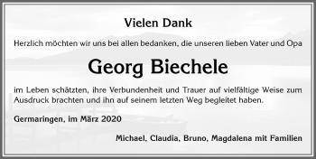 Traueranzeige von Georg Biechele von Allgäuer Zeitung, Kaufbeuren/Buchloe