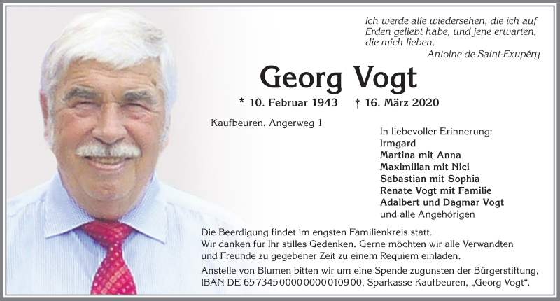  Traueranzeige für Georg Vogt vom 21.03.2020 aus Allgäuer Zeitung, Kaufbeuren/Buchloe