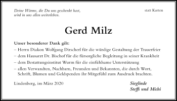 Traueranzeige von Gerd Milz von Der Westallgäuer