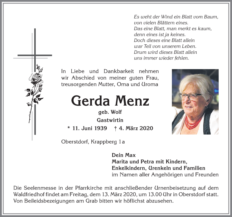 Traueranzeige für Gerda Menz vom 09.03.2020 aus Allgäuer Anzeigeblatt