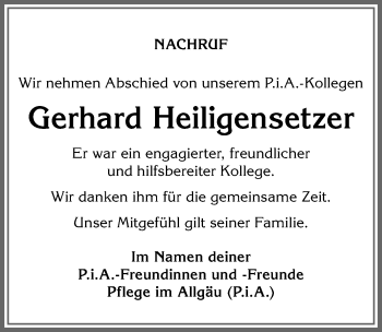 Traueranzeige von Gerhard Heiligensetzer von Allgäuer Zeitung, Kaufbeuren/Buchloe