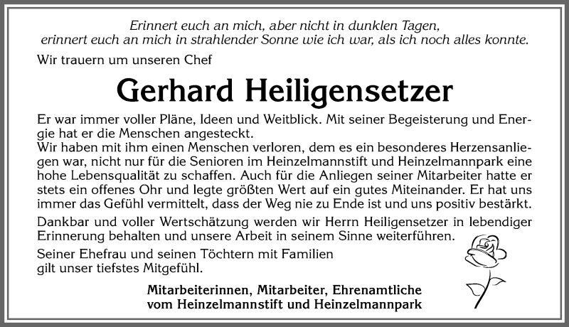  Traueranzeige für Gerhard Heiligensetzer vom 07.03.2020 aus Allgäuer Zeitung, Kaufbeuren/Buchloe