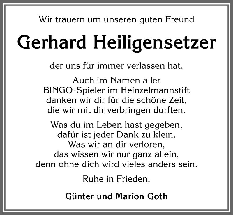  Traueranzeige für Gerhard Heiligensetzer vom 07.03.2020 aus Allgäuer Zeitung, Kaufbeuren/Buchloe