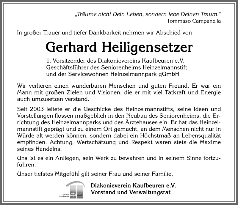  Traueranzeige für Gerhard Heiligensetzer vom 07.03.2020 aus Allgäuer Zeitung, Kaufbeuren/Buchloe