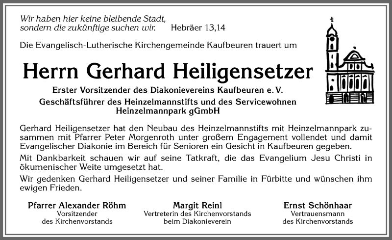  Traueranzeige für Gerhard Heiligensetzer vom 13.03.2020 aus Allgäuer Zeitung, Kaufbeuren/Buchloe