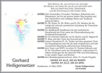 Traueranzeige von Gerhard Heiligensetzer von Allgäuer Zeitung, Kaufbeuren/Buchloe