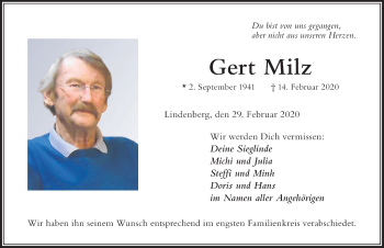 Traueranzeige von Gert Milz von Der Westallgäuer